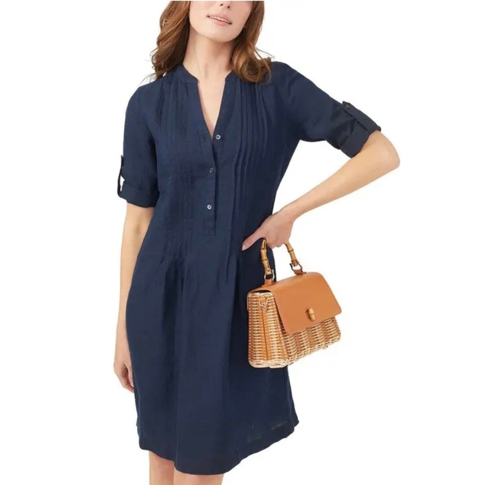 J.McLaughlin Riviera Linen Dress Pintuck Size S Navy Blue Coastal Quiet Luxury